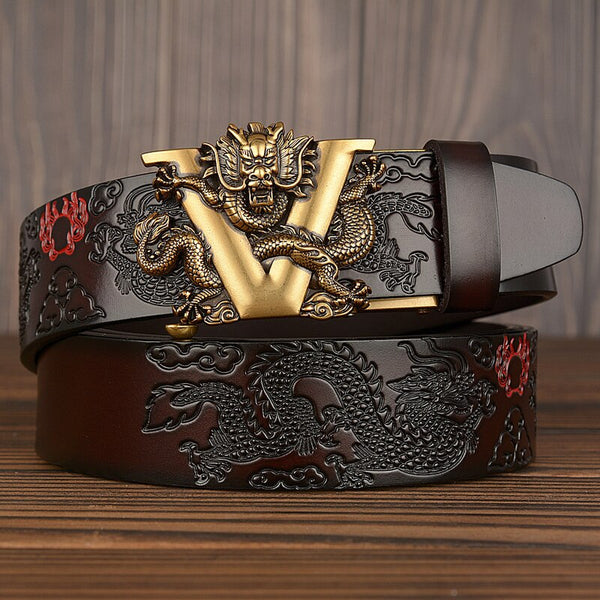 Bold Dragon-Embossed Leather Automatic Belt – Genuine Cowhide with Vintage Buckle