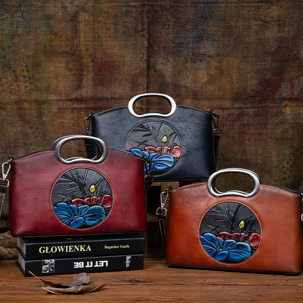 Genuine Leather Women Bag Vintage Embossed Handbag New Versatile First Layer Cowhide Large Capacity Shoulder Bags