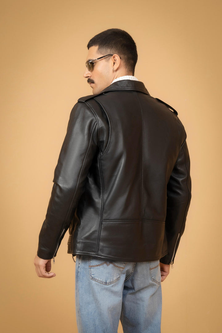Back view of classic black leather biker jacket for men