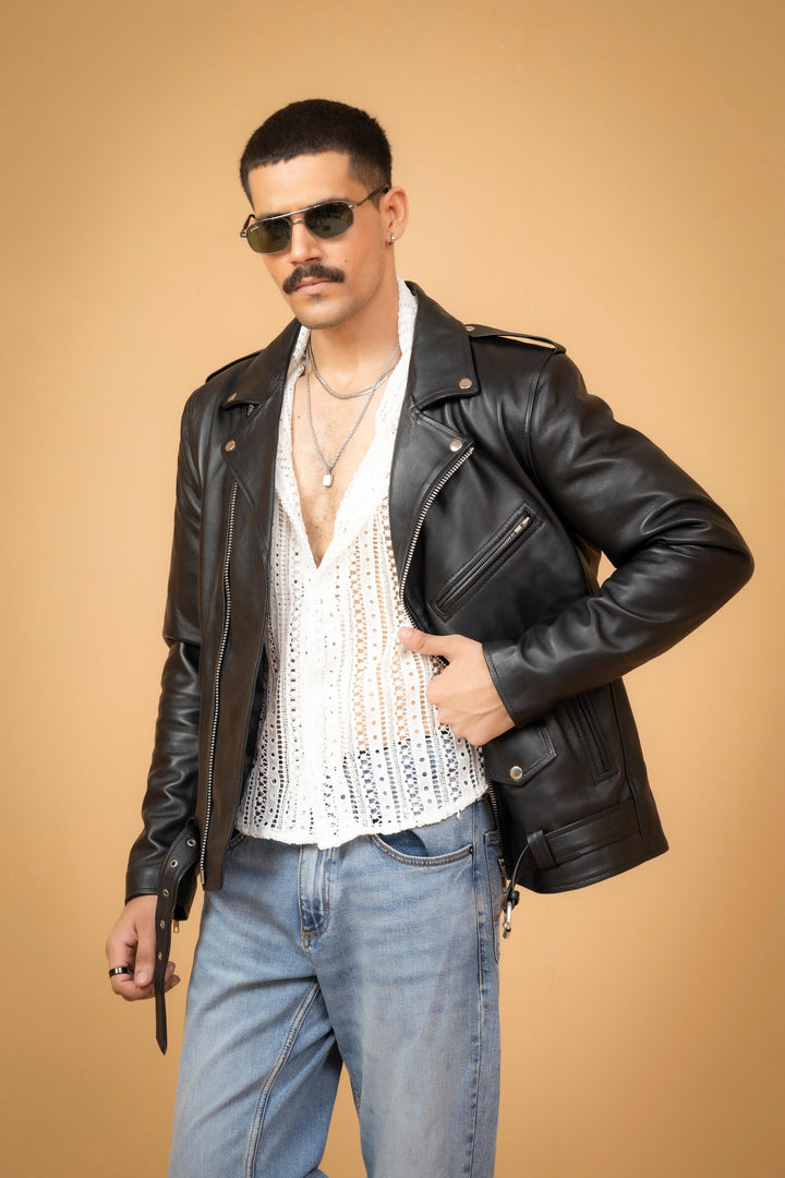 Side view of men’s genuine lambskin leather motorcycle jacket