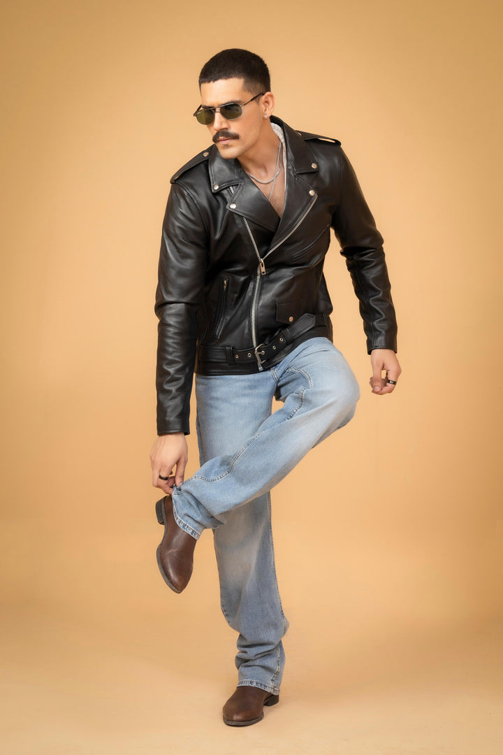 Side view of men’s genuine lambskin leather motorcycle jacket