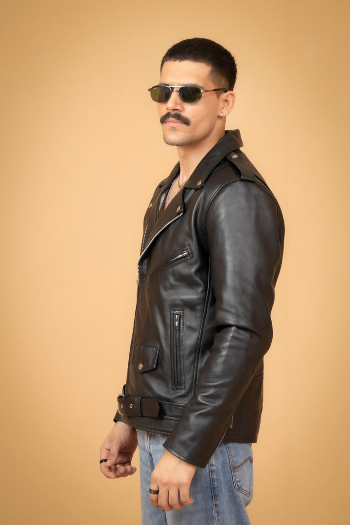 Side view of men’s genuine lambskin leather motorcycle jacket