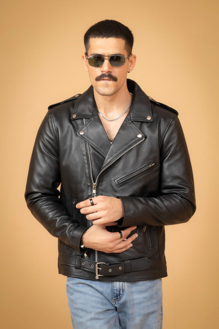 Men’s black lambskin leather biker jacket front view
Back view of men’s black leather motorcycle jacket
Close-up of belted waist & zipper pockets
