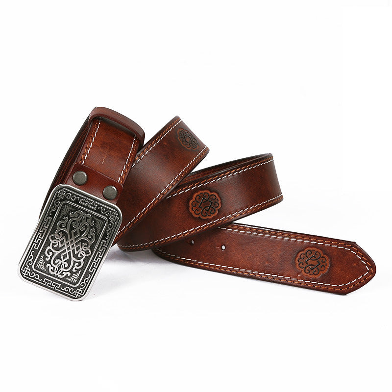 Auspicious Pattern Embossed Genuine Leather Belt for Men & Women
