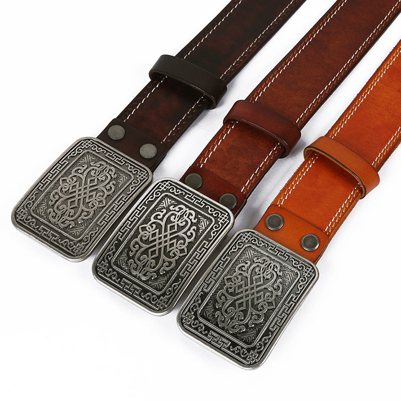 Auspicious Pattern Embossed Genuine Leather Belt for Men & Women