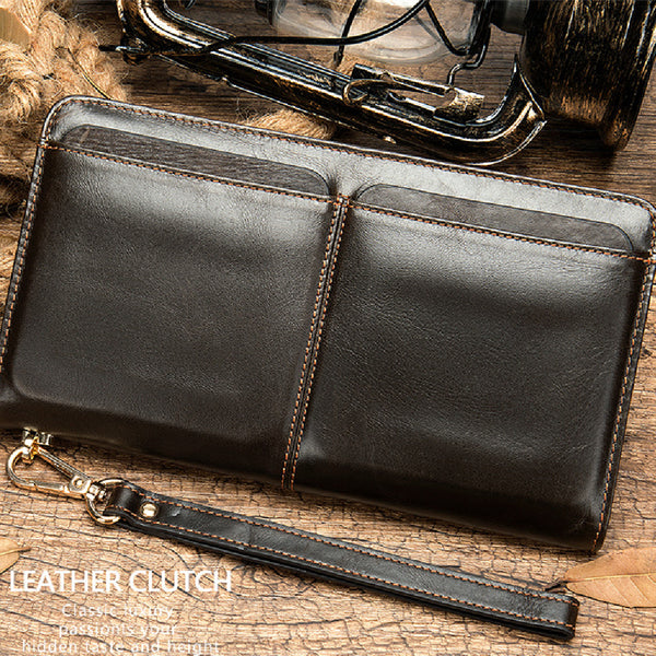 Business Double Pocket Men's Long Wallet Multiple Card Slots Genuine Leather Men's Clutch