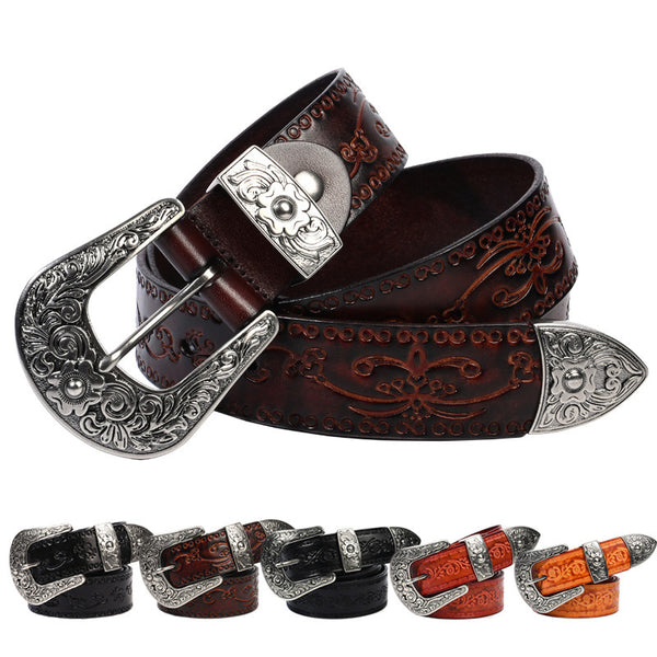 Embossed First Layer Cowhide Men's Mongolian Style Personalized Carved Belt Genuine leather