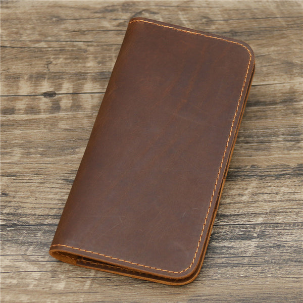 Men's Leather Crazy Horse Long Wallet Card Holder Air Ticket Check Bag