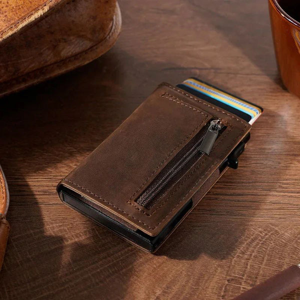 Men's Ultra-thin RFID Anti-theft Metal Card Sleeve Genuine Leather