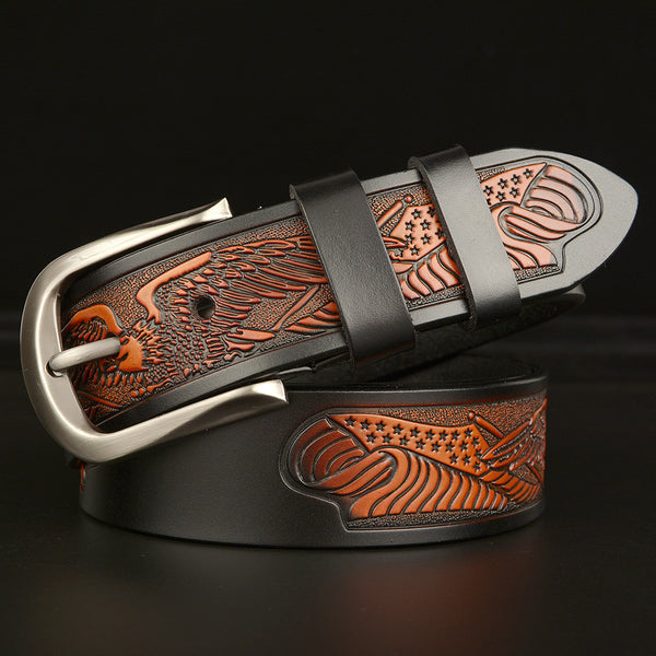 Men's Cut Cowhide Carved Belt Genuine Leather