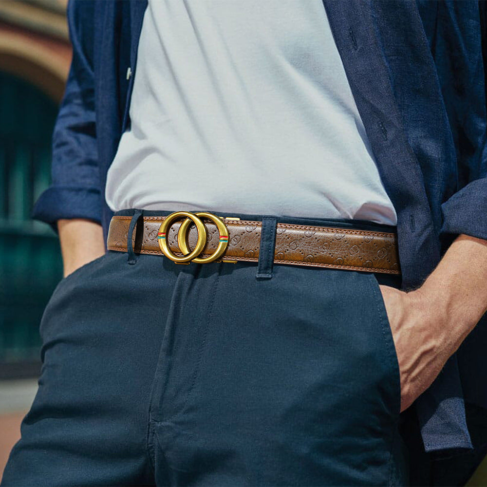 Automatic Double Ring Buckle Genuine Cowhide Leather Belt for Men