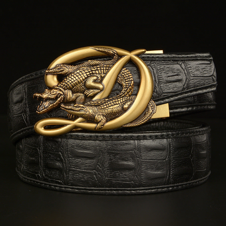 Crocodile Buckle Genuine Cowhide Leather Belt for Men Automatic Casual