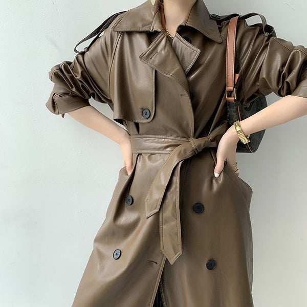 Designer Retro Women's Mid-length Waist Slimming Pu Coat