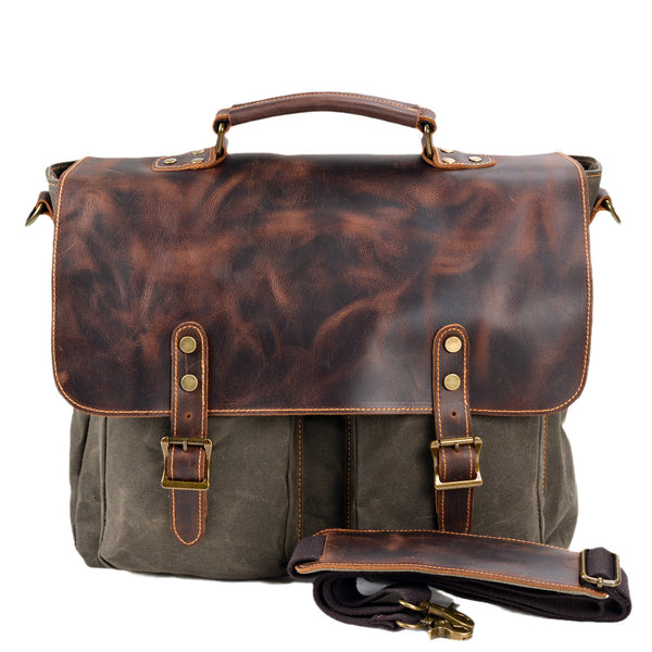 Waterproof Canvas Stitching Genuine Leather Briefcase Handbag