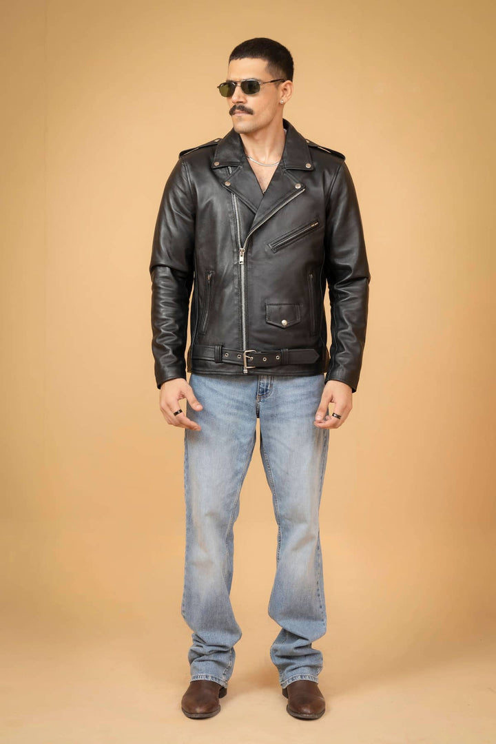 Men’s black lambskin leather biker jacket front view