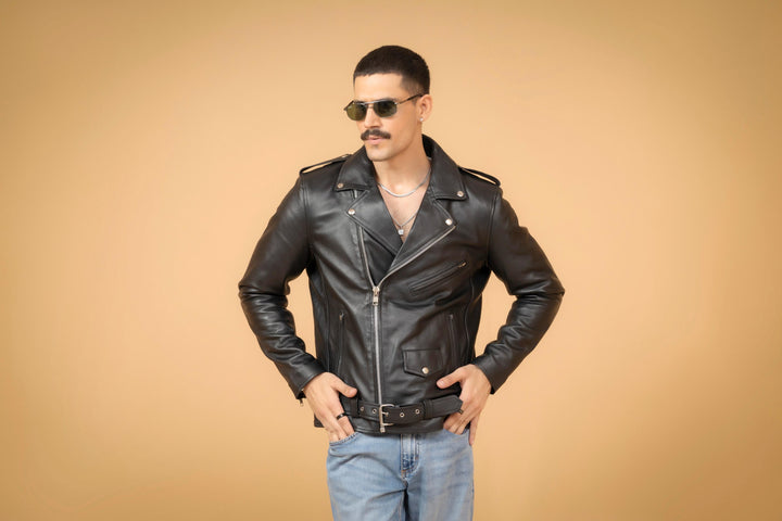 Genuine black lambskin biker jacket side angle for men