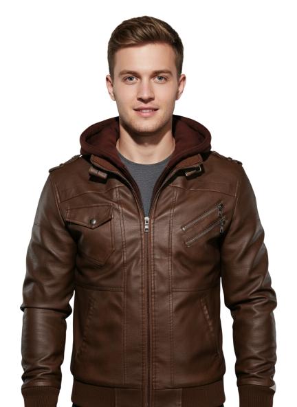 Men's Brown Genuine Leather Hooded Bomber Jacket - Removable Hood Moto Biker Coat